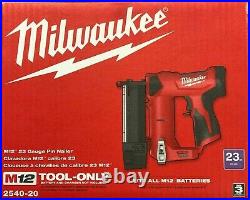 Milwaukee 2540-20 M12 23 Gage Pin Nailer (bare tool) NEW 2 DAY SHIPPING
